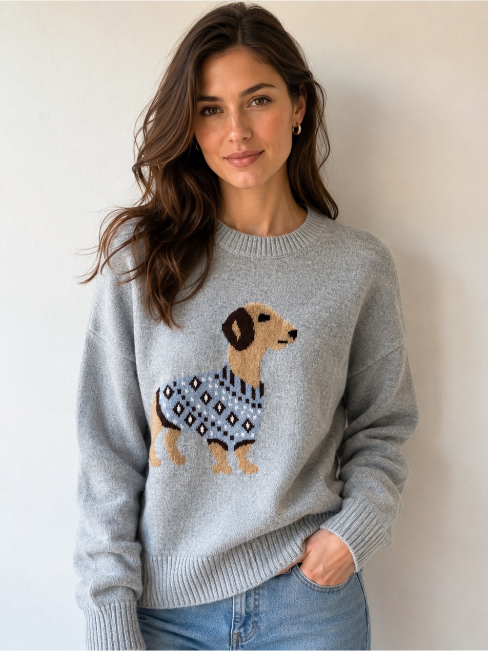 LOFT Gray Crewneck Sweater with Dog Intarsia